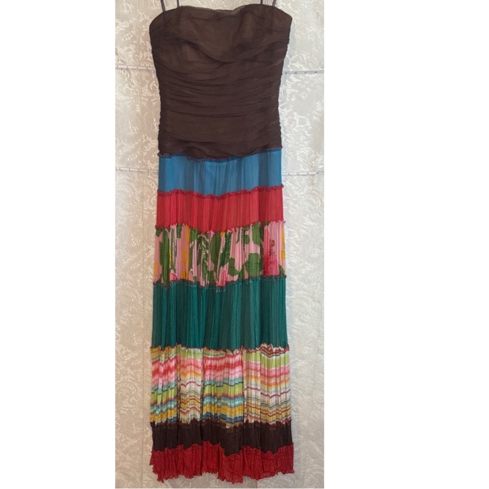 100% Silk BCBGMAXAZRIA Strapless Floral Multi-Layer Patchwork Boho Maxi Dress